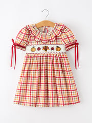 Thanksgiving Turkey Pumpkin Maple Leaf Smocked Plaid Dress