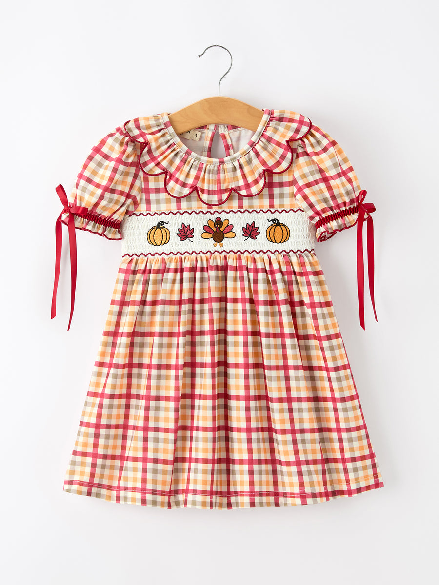 Thanksgiving Turkey Pumpkin Maple Leaf Smocked Plaid Dress