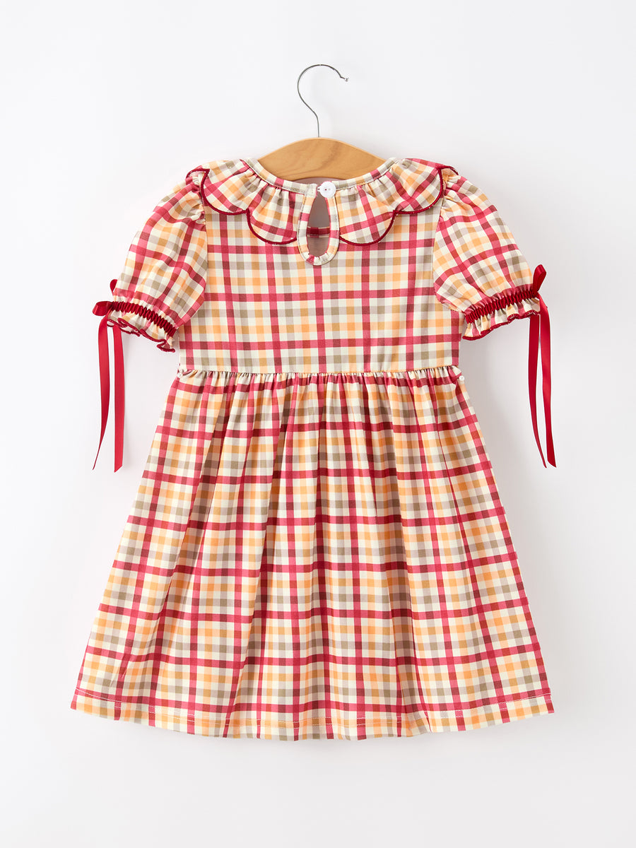 Thanksgiving Turkey Pumpkin Maple Leaf Smocked Plaid Dress