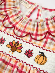 Thanksgiving Turkey Pumpkin Maple Leaf Smocked Plaid Dress