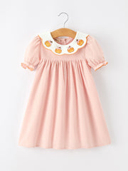 Halloween Pumpkin Applique Girls Puff Sleeve Dress