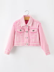 Girls Pink Denim Jacket with Lace Bow Back Detail