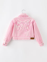 Girls Pink Denim Jacket with Lace Bow Back Detail