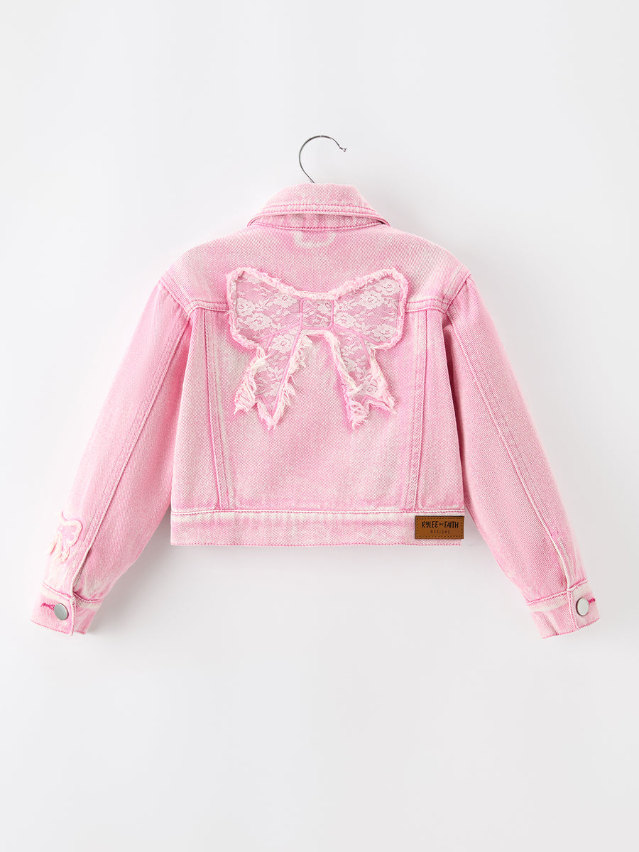 Girls Pink Denim Jacket with Lace Bow Back Detail
