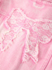 Girls Pink Denim Jacket with Lace Bow Back Detail