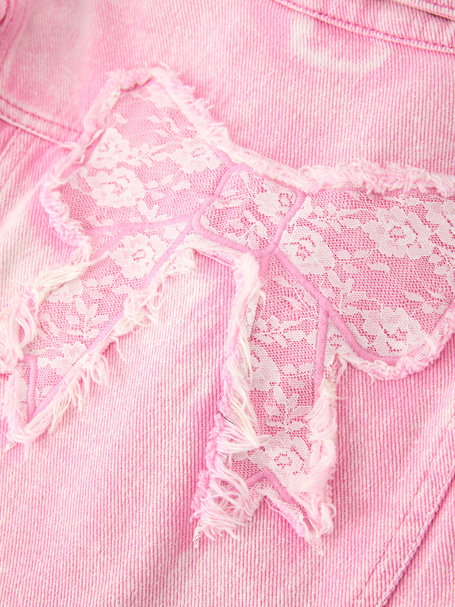 Girls Pink Denim Jacket with Lace Bow Back Detail