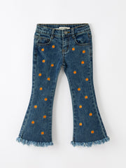 Girls Pumpkin Embroidered Flare Jeans Fall Denim Pants with Fringe Hem