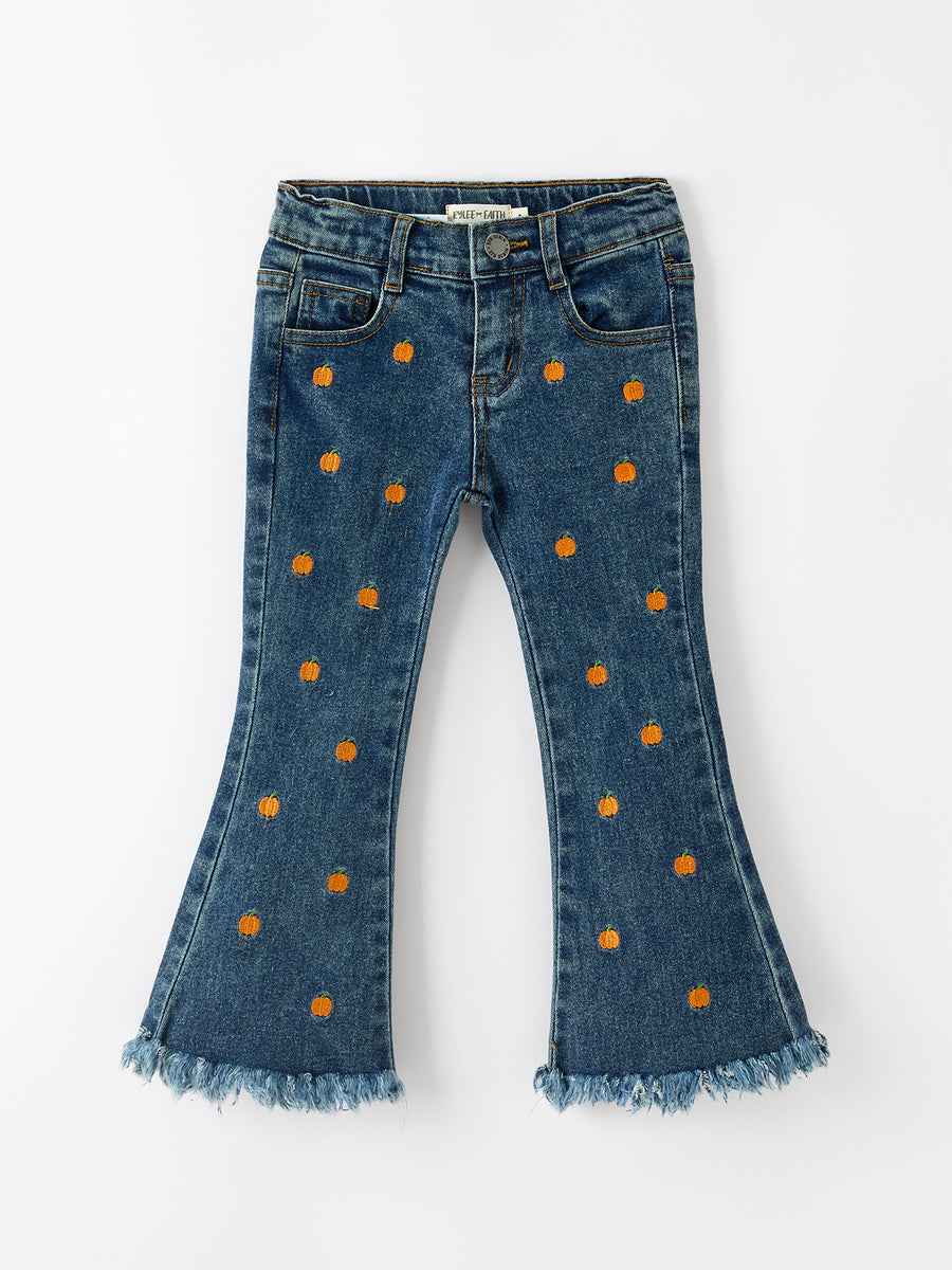 Girls Pumpkin Embroidered Flare Jeans Fall Denim Pants with Fringe Hem