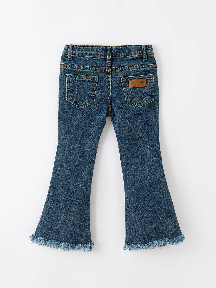 Girls Pumpkin Embroidered Flare Jeans Fall Denim Pants with Fringe Hem