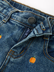Girls Pumpkin Embroidered Flare Jeans Fall Denim Pants with Fringe Hem
