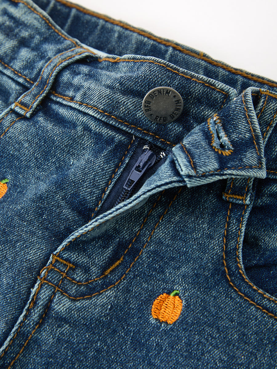 Girls Pumpkin Embroidered Flare Jeans Fall Denim Pants with Fringe Hem