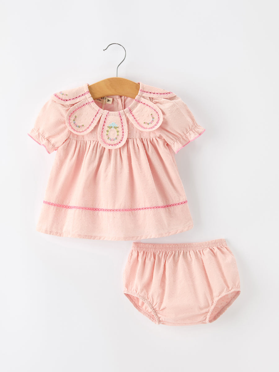 Fall Baby Girl Pink Peter Pan Collar Embroidered Bloomer Set