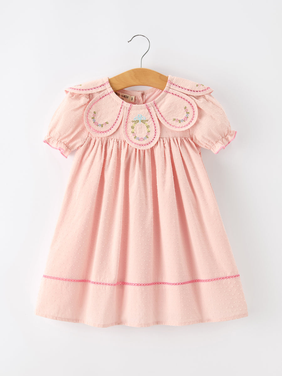 Fall Baby Girl Pink Floral Embroidered Peter Pan Collar Dress