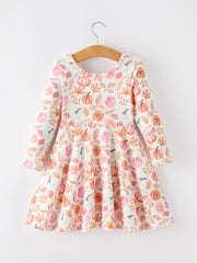 Thanksgiving Pumpkin Floral Girls Twirl Dress