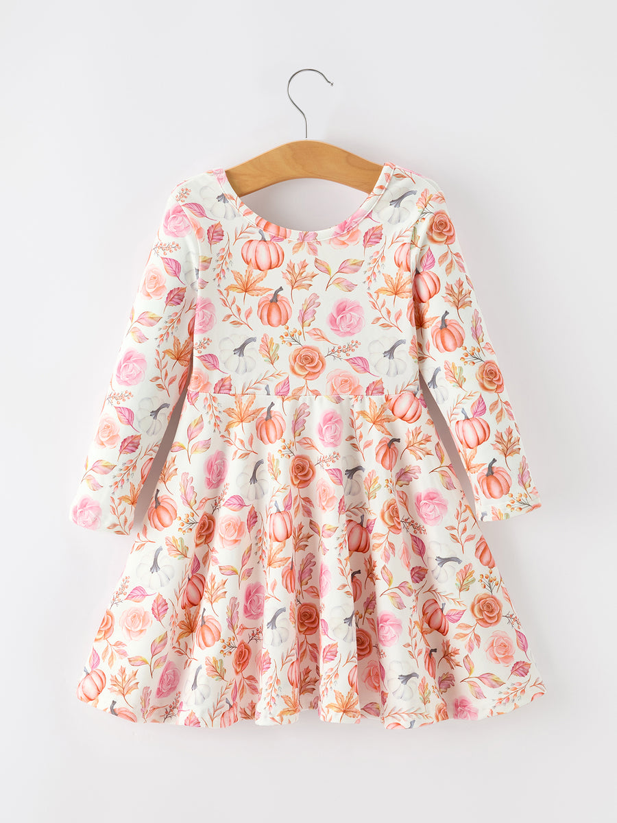 Thanksgiving Pumpkin Floral Girls Twirl Dress