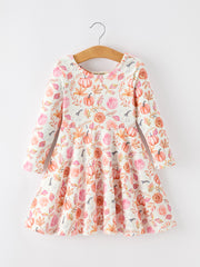 Thanksgiving Pumpkin Floral Girls Twirl Dress
