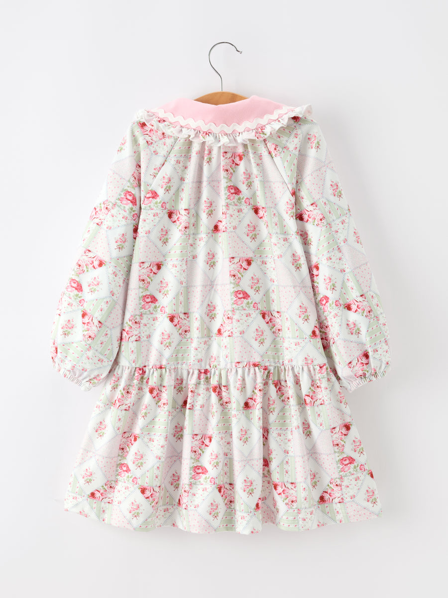 Fall Girls Floral Peter Pan Collar Ruffle Long-sleeved Dress