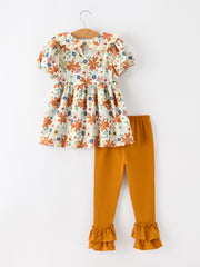 Fall Girls Floral Lace Collar Puff Sleeve Outfit Set