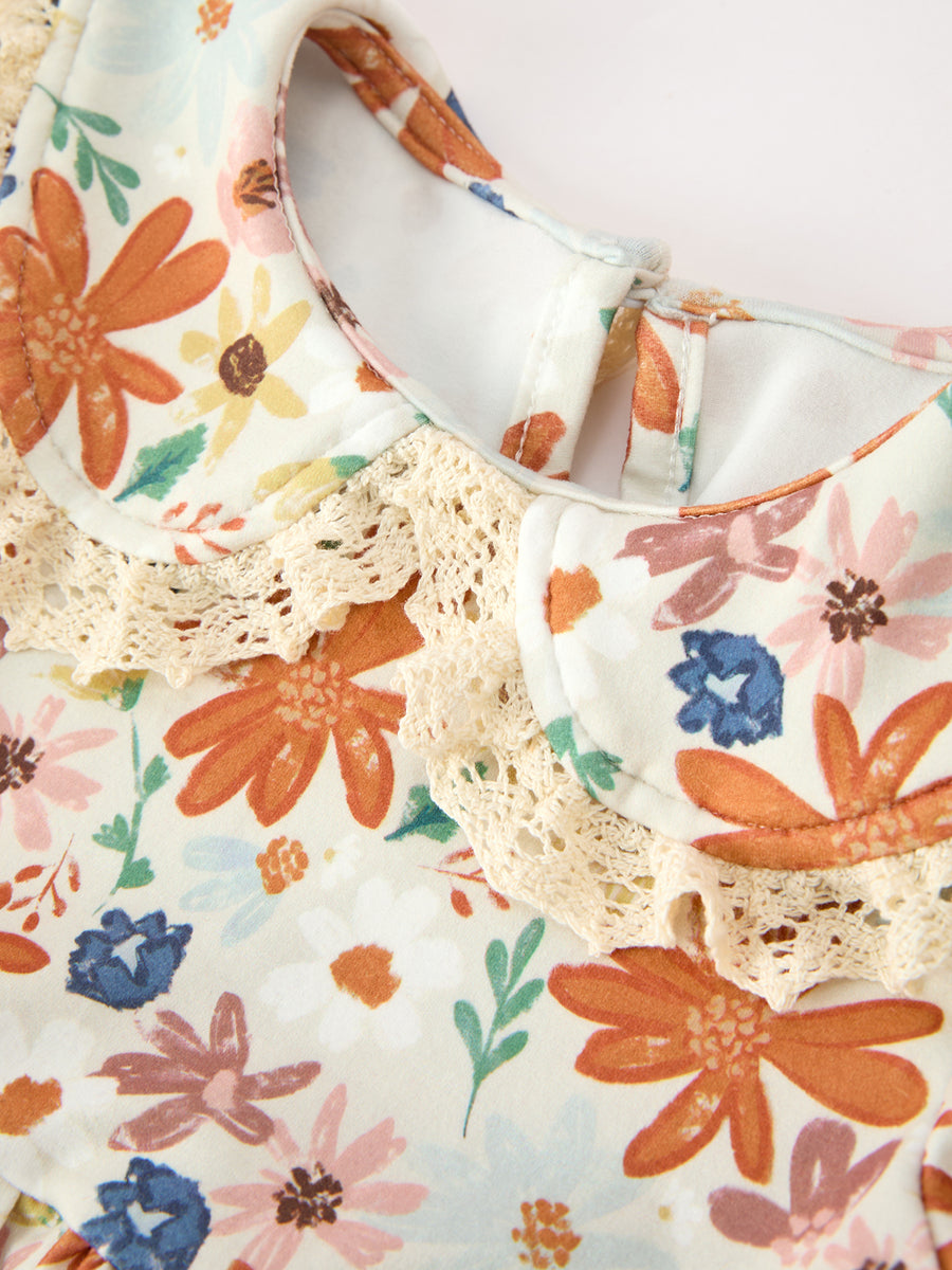 Fall Girls Floral Lace Collar Puff Sleeve Outfit Set