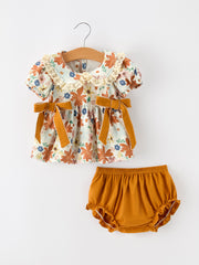 Fall Girls Floral Lace Collar Ruffle Bloomer Set