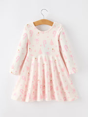 Girls Pink Christmas Ornament Print Flare Dress