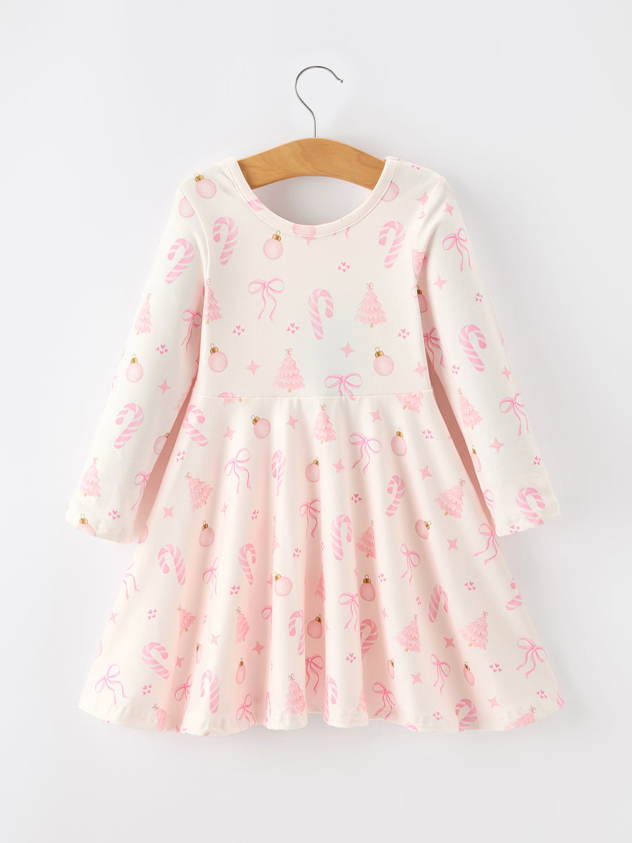 Girls Pink Christmas Ornament Print Flare Dress