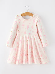 Girls Pink Christmas Ornament Print Flare Dress