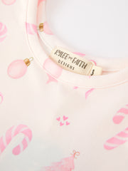 Girls Pink Christmas Ornament Print Flare Dress