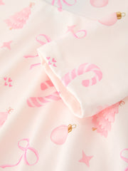 Girls Pink Christmas Ornament Print Flare Dress