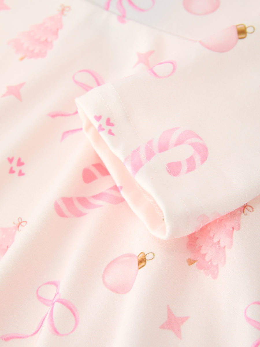 Girls Pink Christmas Ornament Print Flare Dress