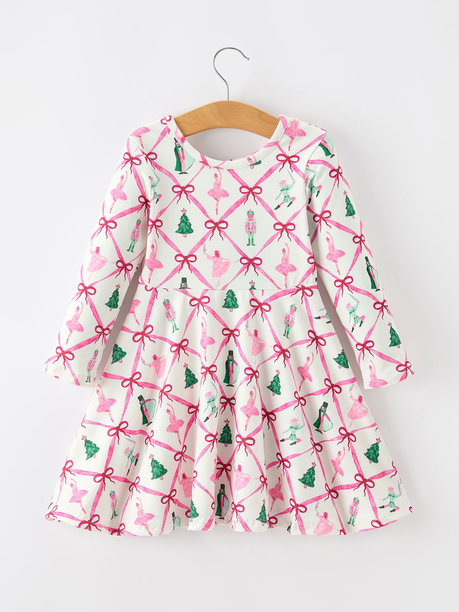 Girls Ballet Christmas Bow Print Flare Dress