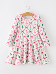Girls Ballet Christmas Bow Print Flare Dress