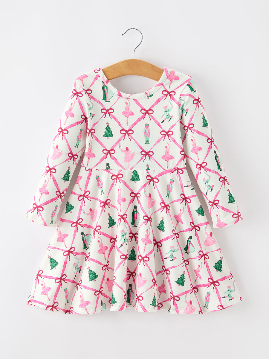 Girls Ballet Christmas Bow Print Flare Dress