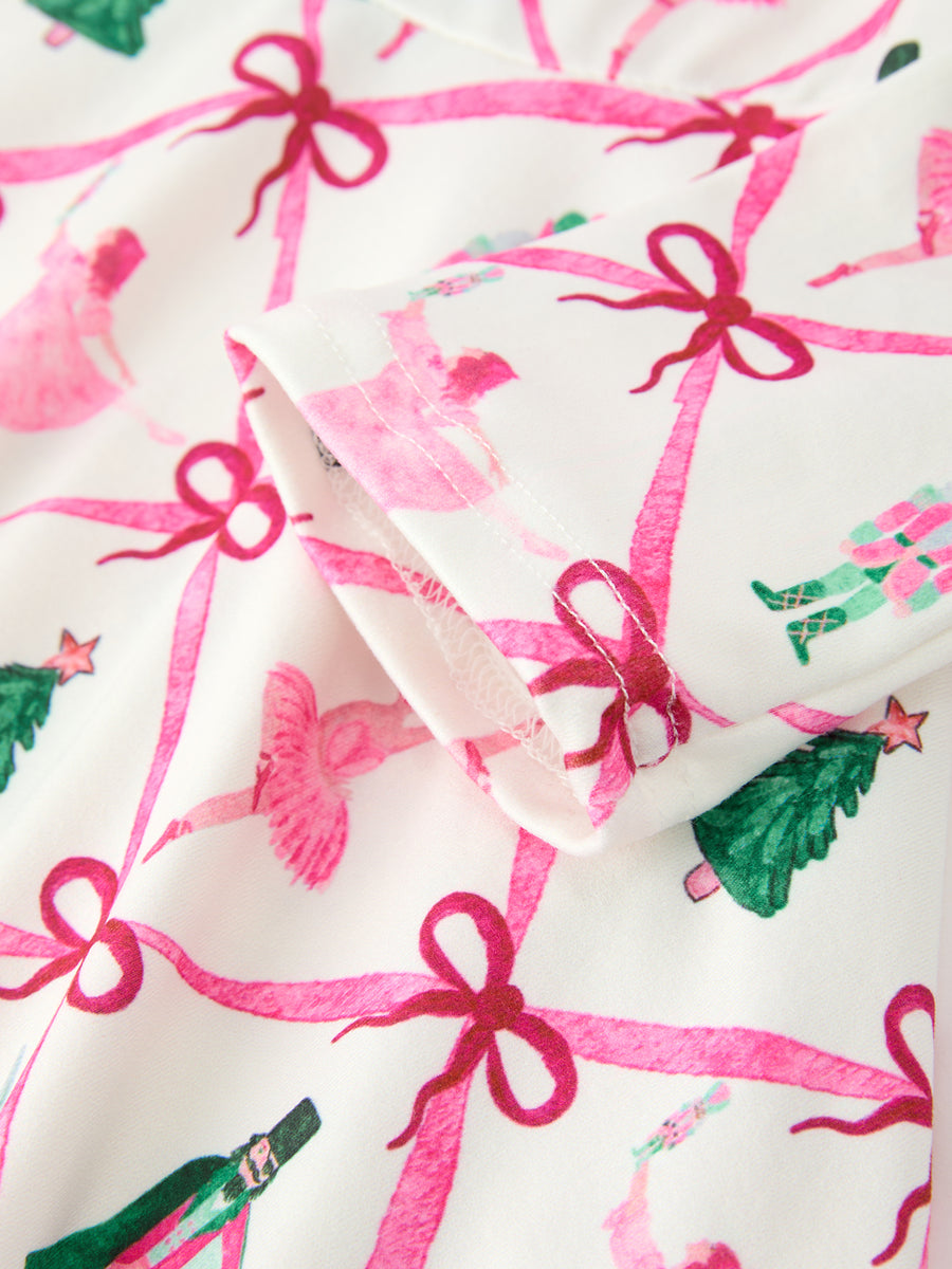 Girls Ballet Christmas Bow Print Flare Dress