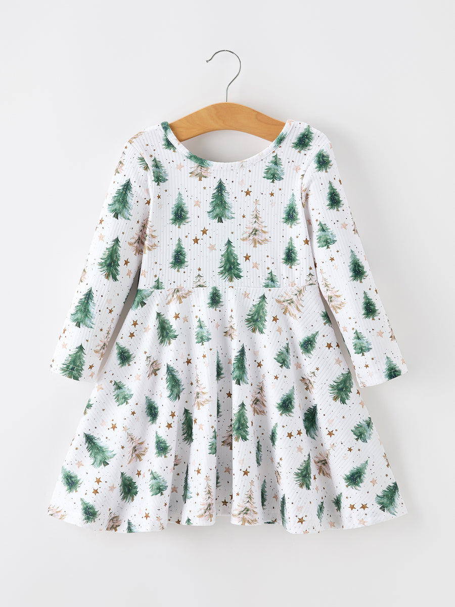 Girls Christmas Tree & Star Ribbed Print Twirl Dress