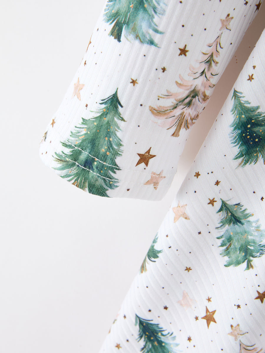 Girls Christmas Tree & Star Ribbed Print Twirl Dress