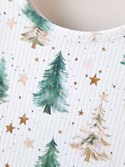Girls Christmas Tree & Star Ribbed Print Twirl Dress