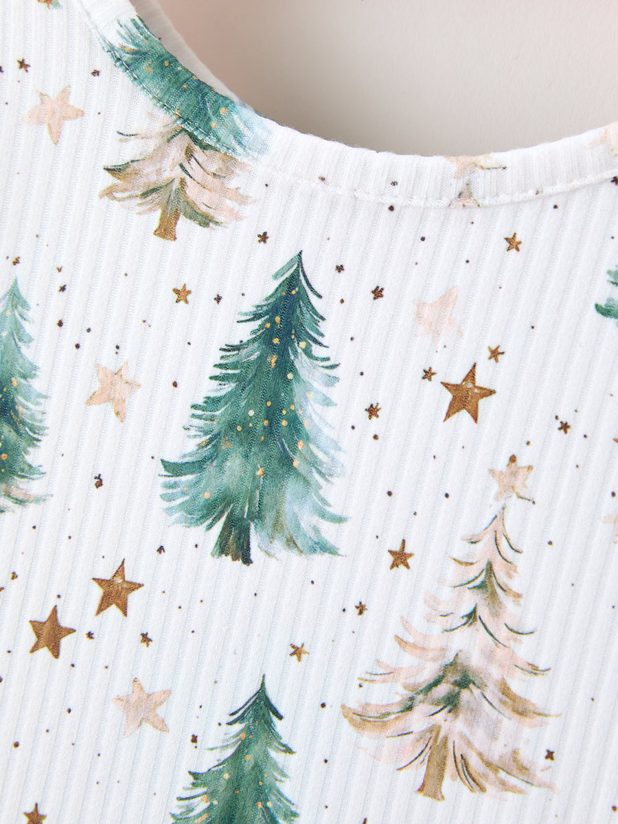 Girls Christmas Tree & Star Ribbed Print Twirl Dress