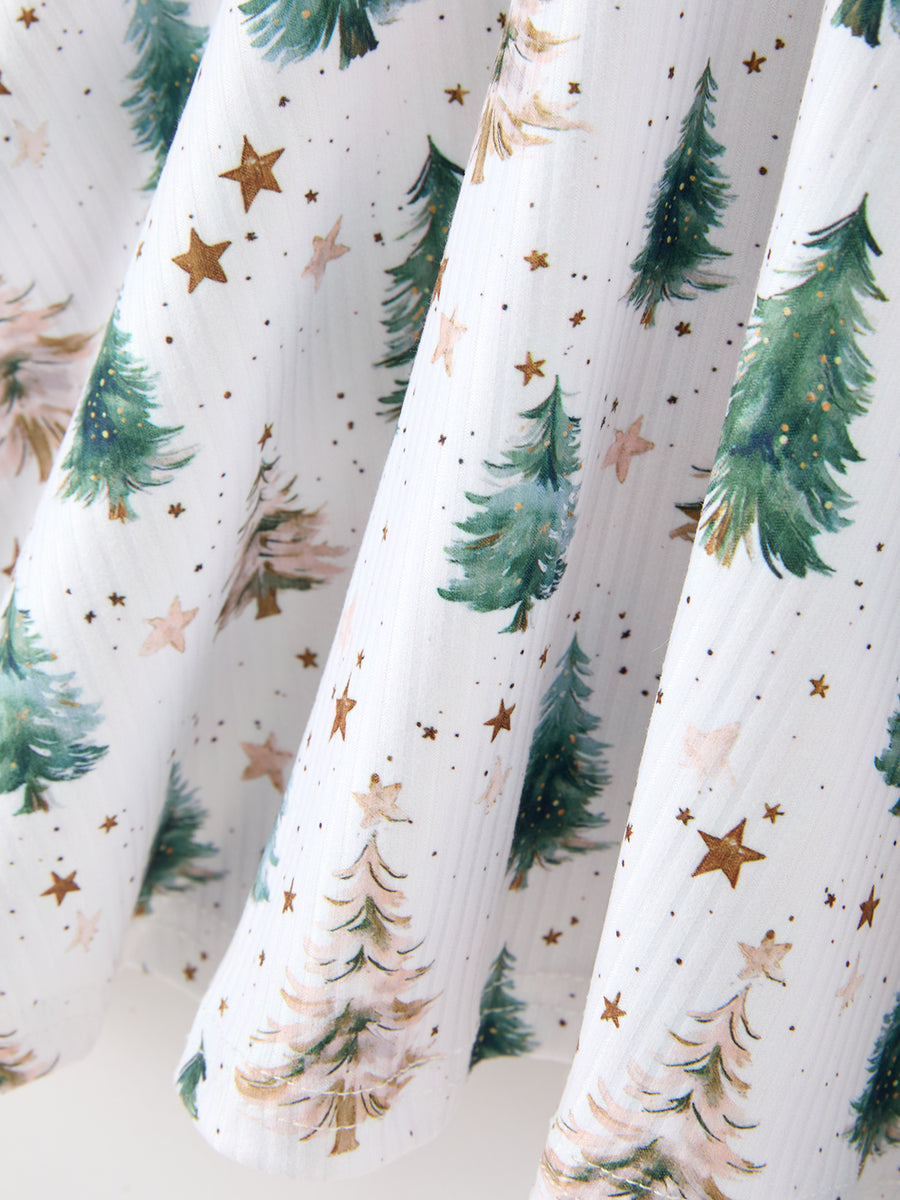 Girls Christmas Tree & Star Ribbed Print Twirl Dress