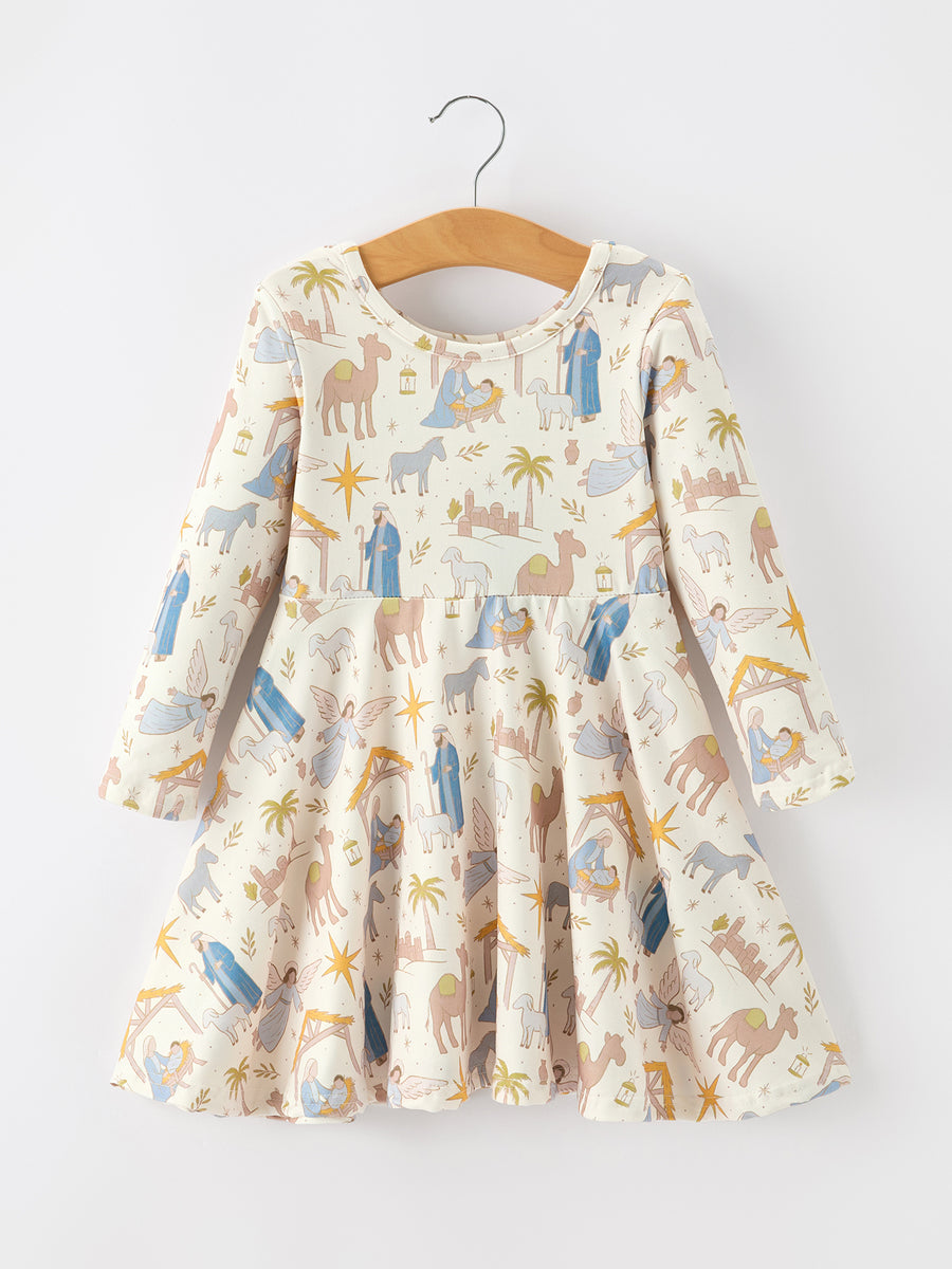 Christmas Girls Nativity Print Twirl Long Sleeve Dress