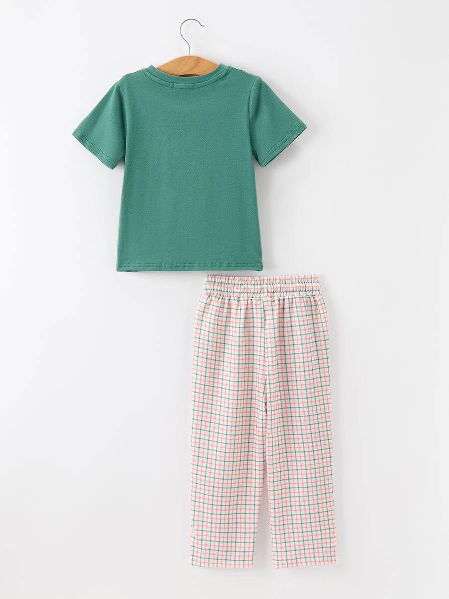 Boys Christmas Embroidered T-Shirt & Plaid Pants Set