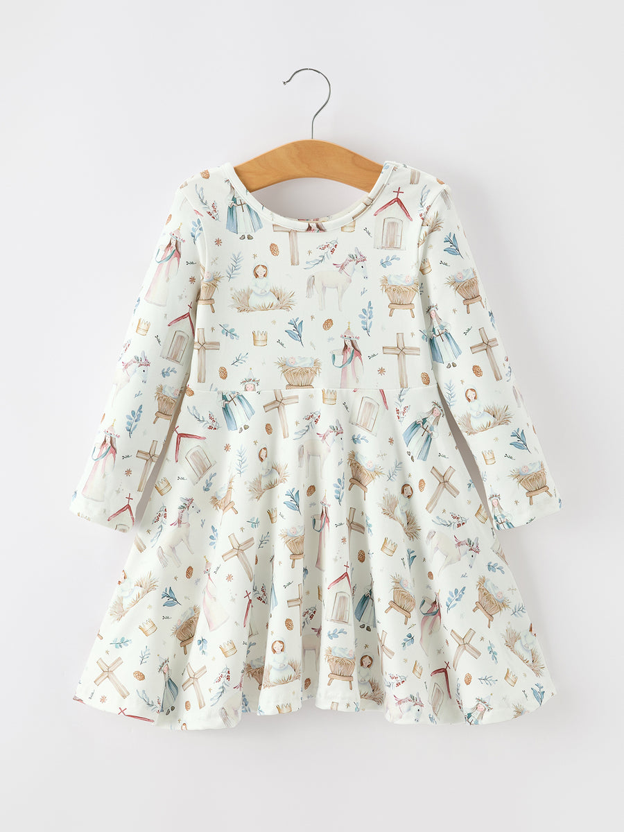 Girls Nativity Scene Winter Print Twirl Dress