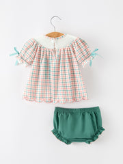 Girls Christmas Plaid Smocked Bloomers Set with Tree Embroidery