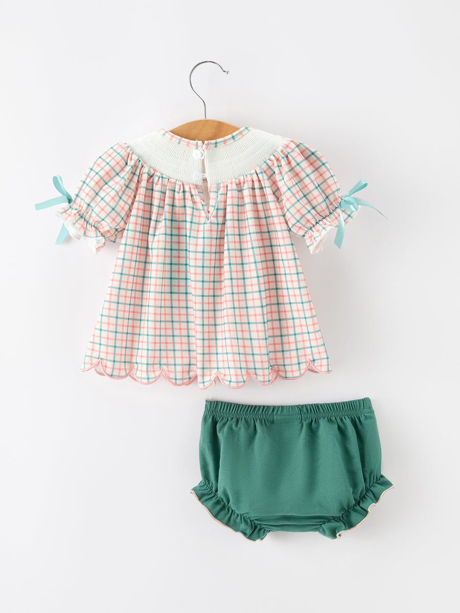 Girls Christmas Plaid Smocked Bloomers Set with Tree Embroidery