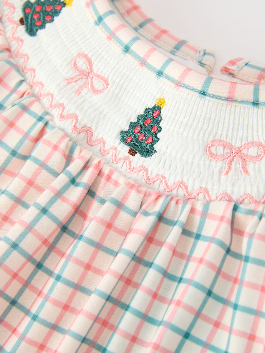 Girls Christmas Plaid Smocked Bloomers Set with Tree Embroidery