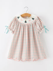 Girls Christmas Smocked Plaid Dress with Tree Embroidery