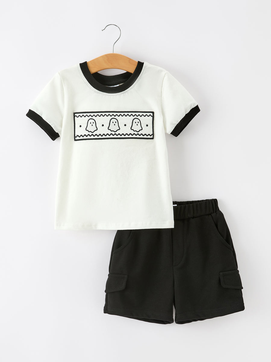 Halloween Ghost Smocked Embroidered Tee Boys Short Set