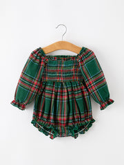 Christmas Plaid Smocked Baby Girl Bubble Romper Ruffle Detail