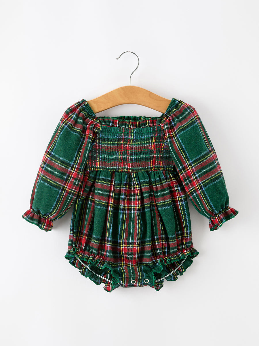 Christmas Plaid Smocked Baby Girl Bubble Romper Ruffle Detail