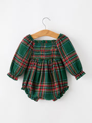 Christmas Plaid Smocked Baby Girl Bubble Romper Ruffle Detail